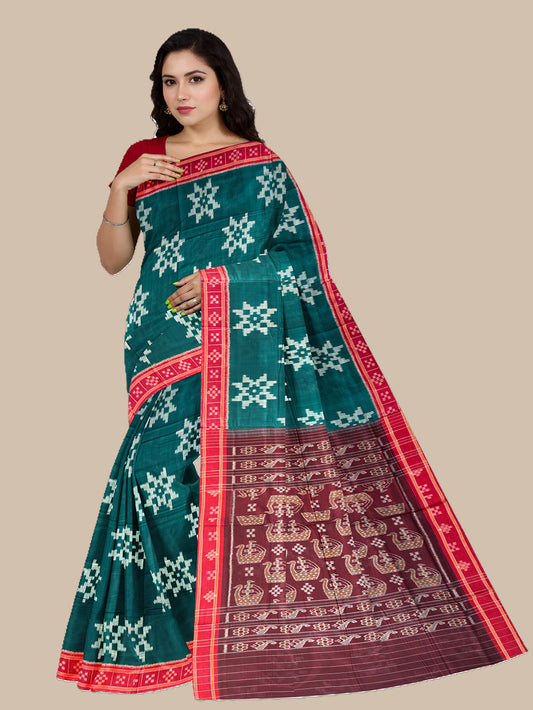 Green and Red Pasapali Pattern Border Nuapatna Handloom Cotton Saree