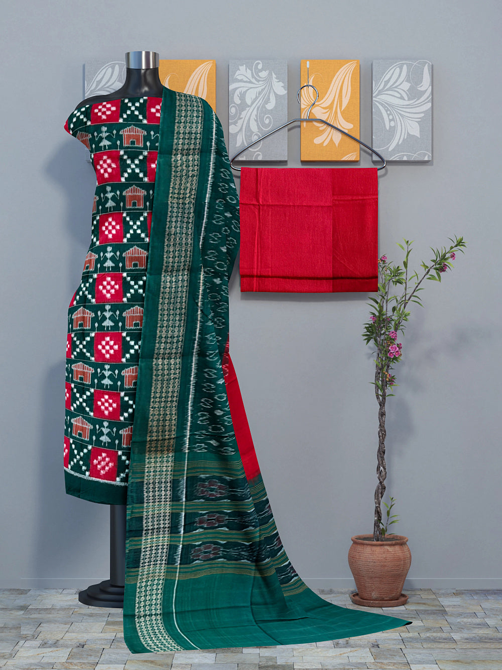 Green and Red Pasapalli Pattern Sambalpuri Handloom Cotton Dress Material