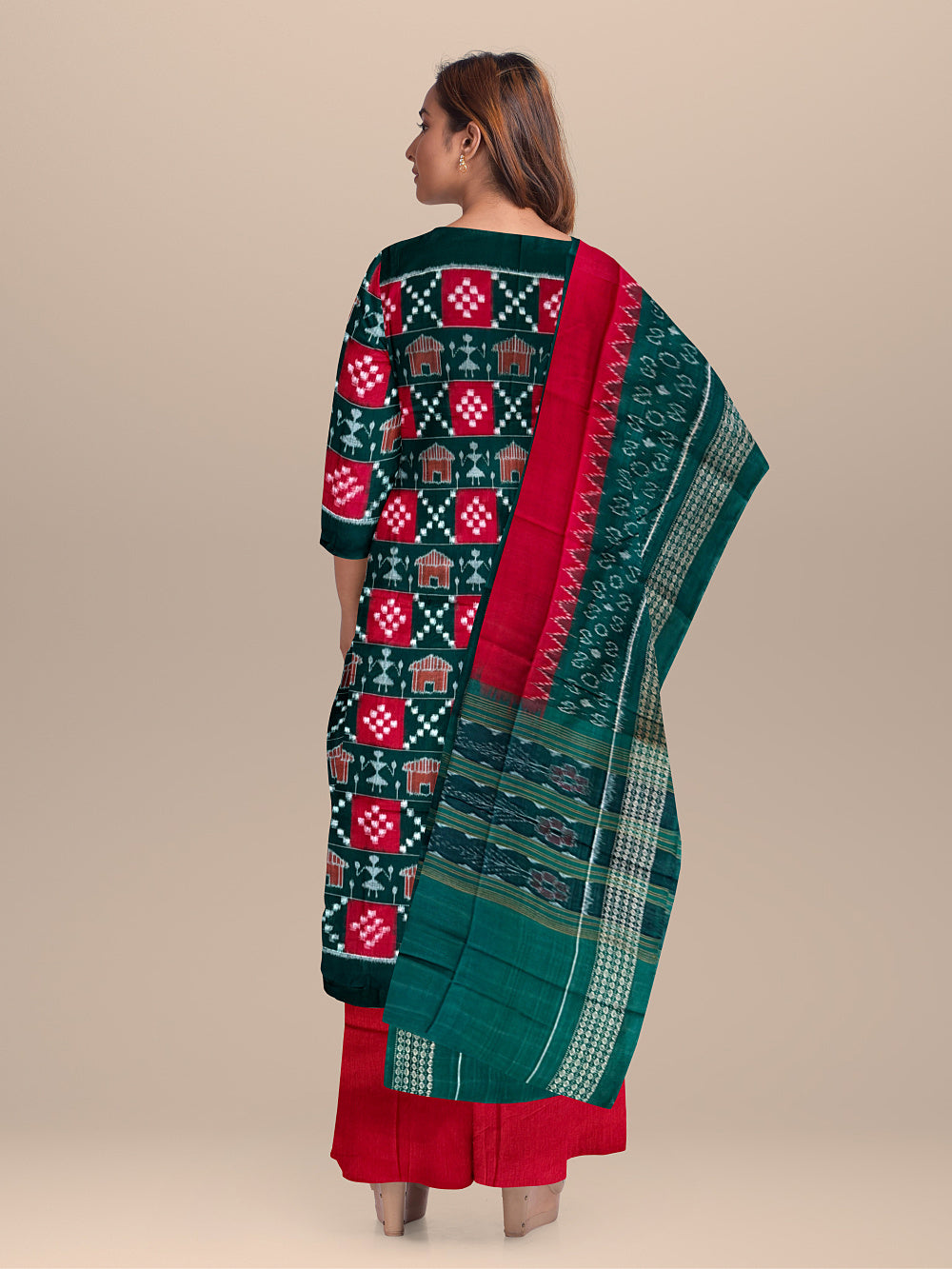 Green and Red Pasapalli Pattern Sambalpuri Handloom Cotton Dress Material