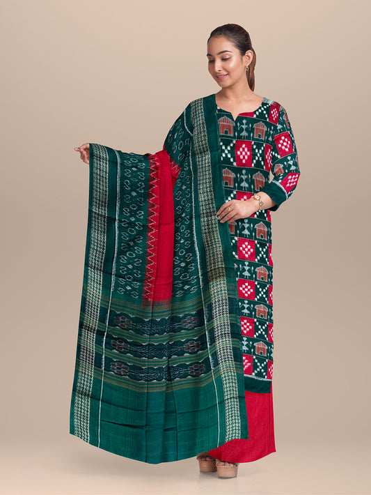 Green and Red Pasapalli Pattern Sambalpuri Handloom Cotton Dress Material