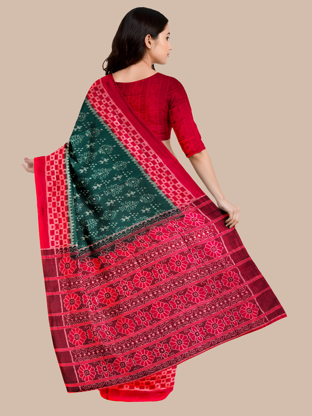 Green and Red with Tribal Motifs Handloom Cotton Sambalpuri Saree