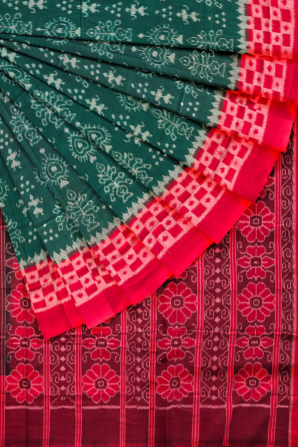 Green and Red with Tribal Motifs Handloom Cotton Sambalpuri Saree