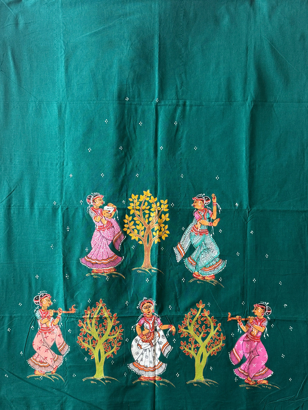 Green and Yellow Hand Painted Pattachitra Dress Material