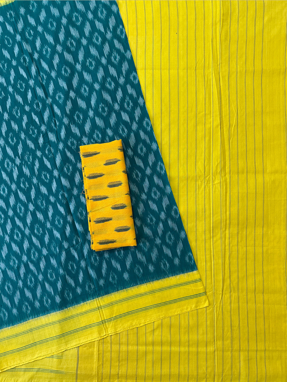 Green and Yellow Pochampally Mercerised Cotton Handloom Saree in Ikkat Pattern