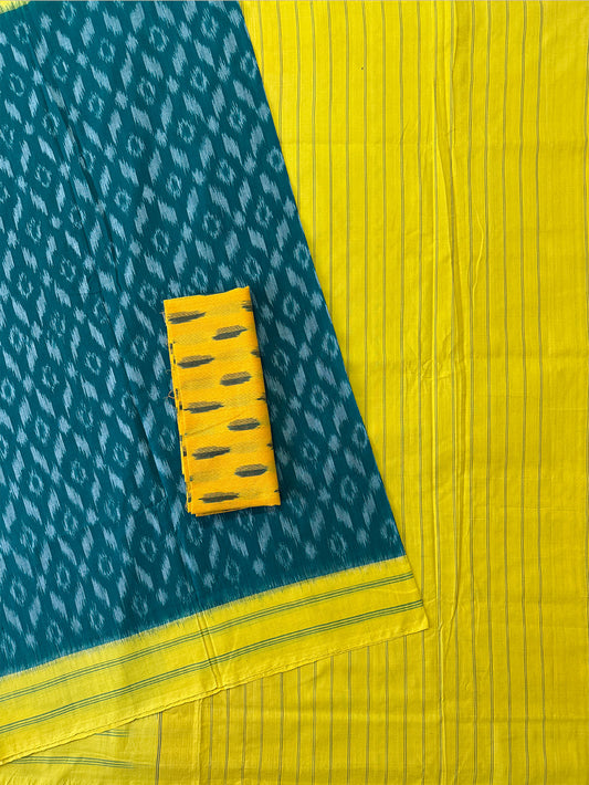 Green and Yellow Pochampally Mercerised Cotton Handloom Saree in Ikkat Pattern