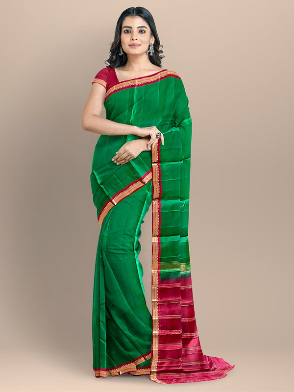 Dark Green and Pink Plain Body Pure Silk Handloom Kanjivaram Saree