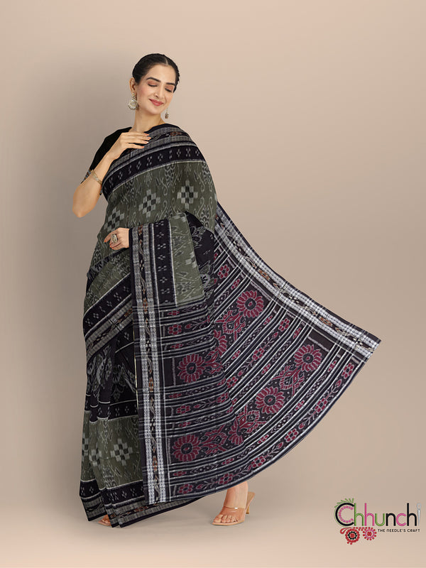 Grey & Black Handloom Cotton Sambalpuri Saree
