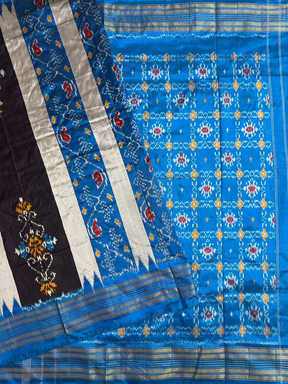 Grey, Black and Blue Pochampally Pure Silk Handloom Saree in Patola Pattern
