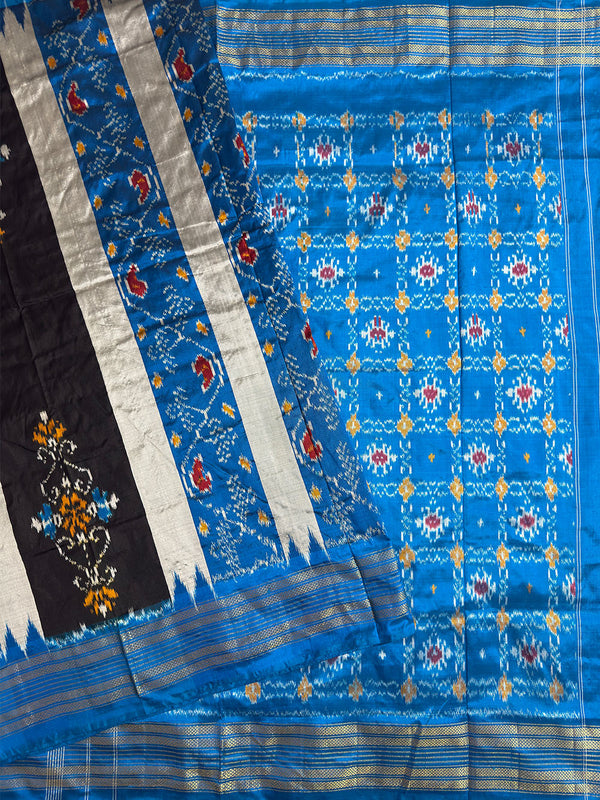 Grey, Black and Blue Pochampally Pure Silk Handloom Saree in Patola Pattern