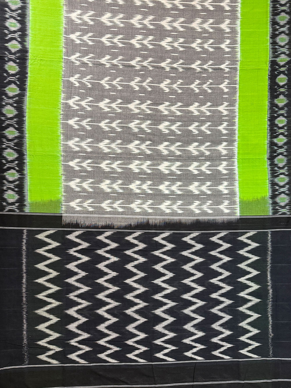 Grey, Black and Neon Green Pochampally Mercerised Cotton Handloom Saree in Ikkat Pattern