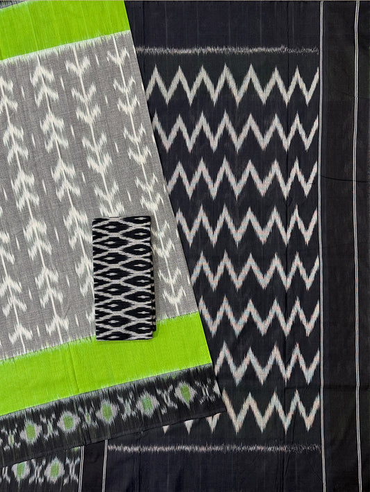 Grey, Black and Neon Green Pochampally Mercerised Cotton Handloom Saree in Ikkat Pattern