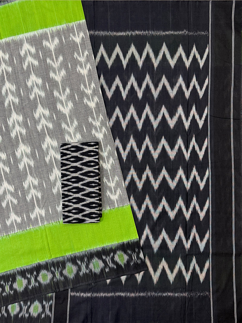 Grey, Black and Neon Green Pochampally Mercerised Cotton Handloom Saree in Ikkat Pattern