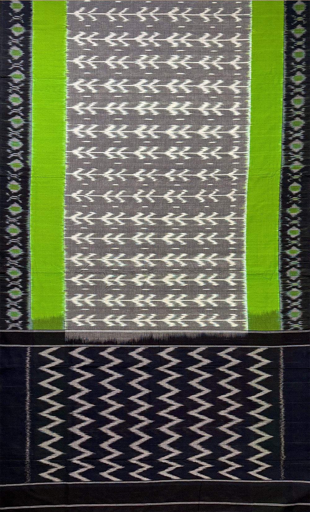 Grey, Black and Neon Green Pochampally Mercerised Cotton Handloom Saree in Ikkat Pattern