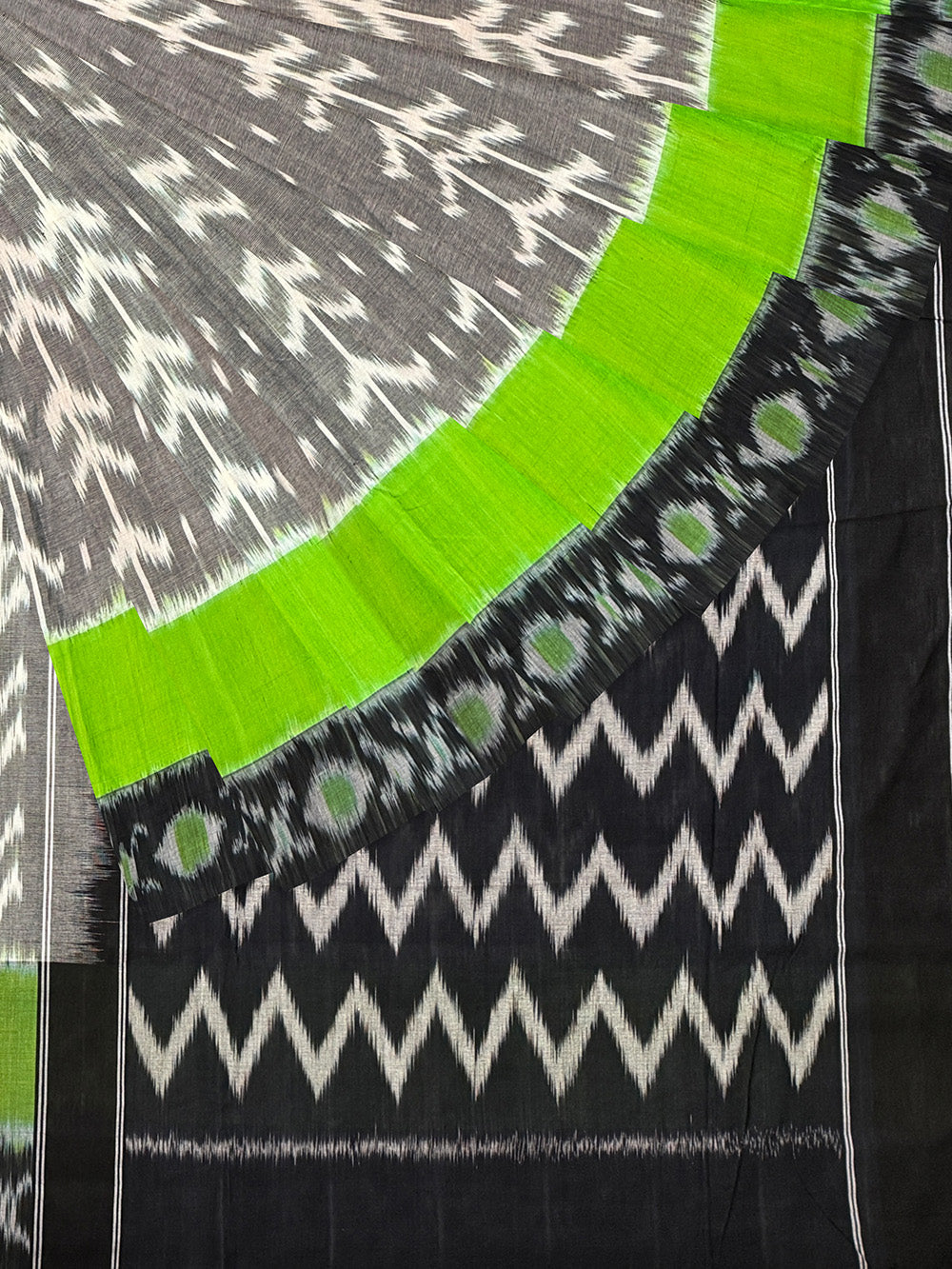 Grey, Black and Neon Green Pochampally Mercerised Cotton Handloom Saree in Ikkat Pattern