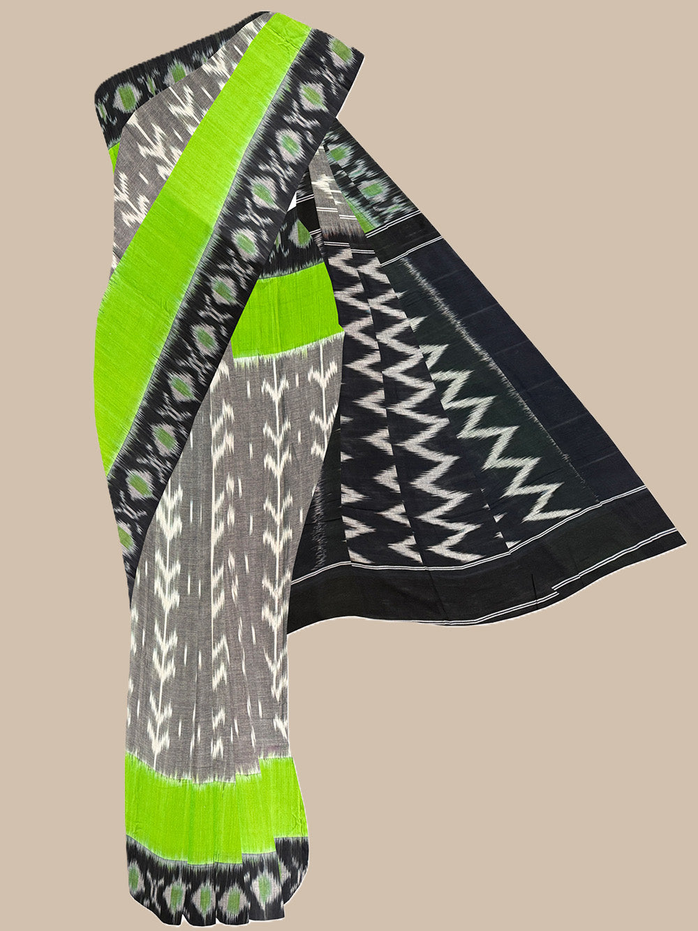 Grey, Black and Neon Green Pochampally Mercerised Cotton Handloom Saree in Ikkat Pattern