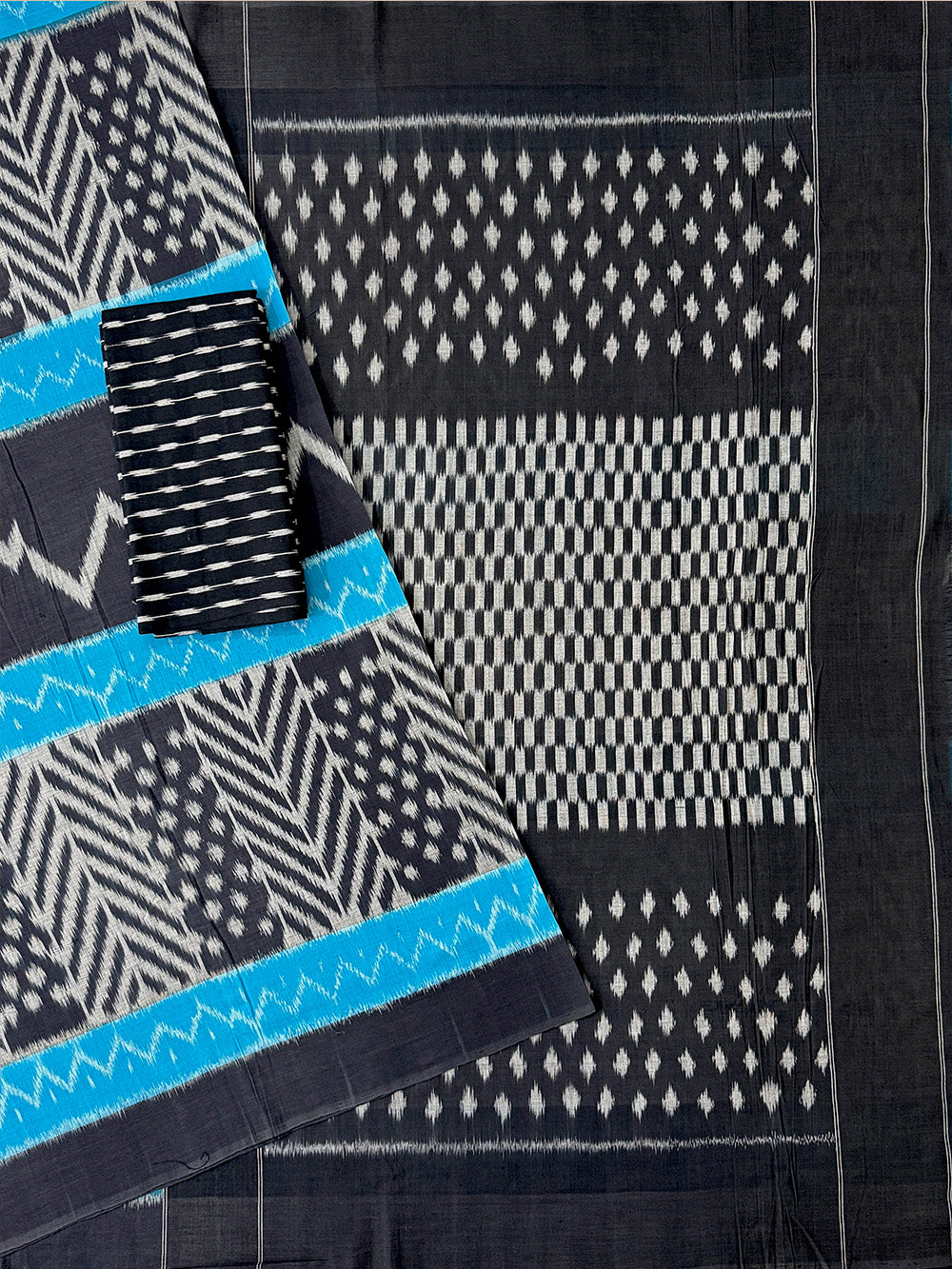 Grey, Black and Turquoise Blue Pochampally Mercerised Cotton Handloom Saree in Ikkat Pattern