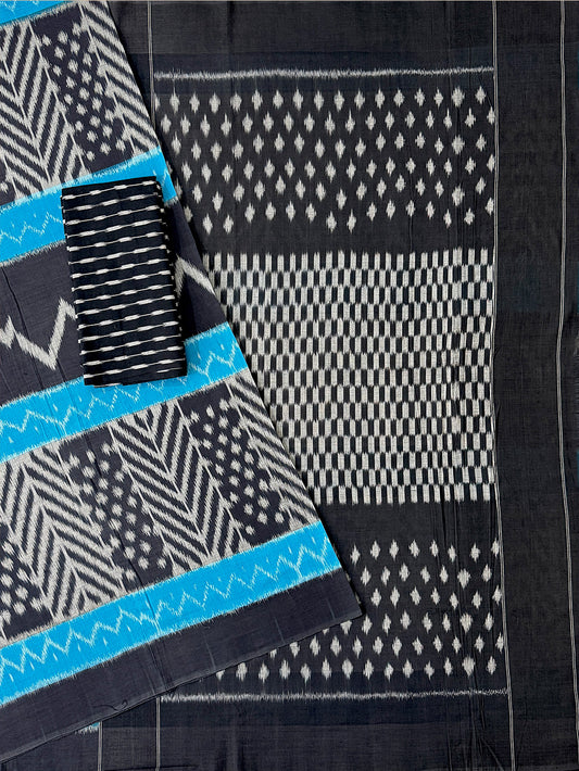 Grey, Black and Turquoise Blue Pochampally Mercerised Cotton Handloom Saree in Ikkat Pattern