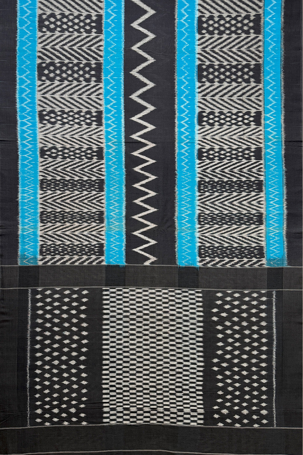 Grey, Black and Turquoise Blue Pochampally Mercerised Cotton Handloom Saree in Ikkat Pattern