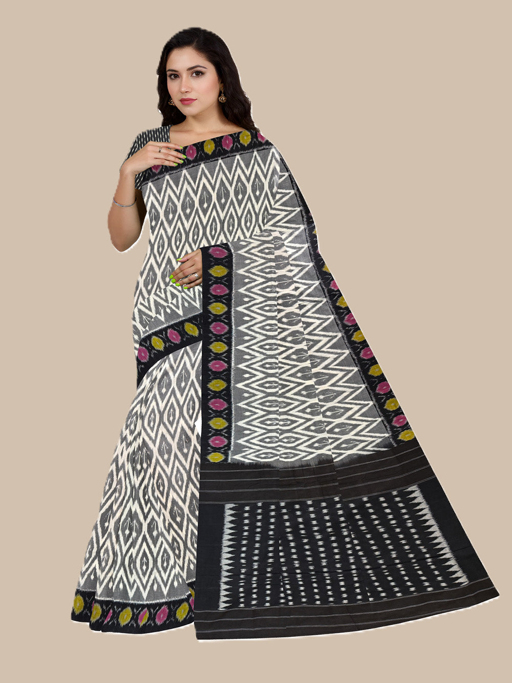 Grey Pochampally Mercerised Cotton Handloom Saree in Ikkat Pattern