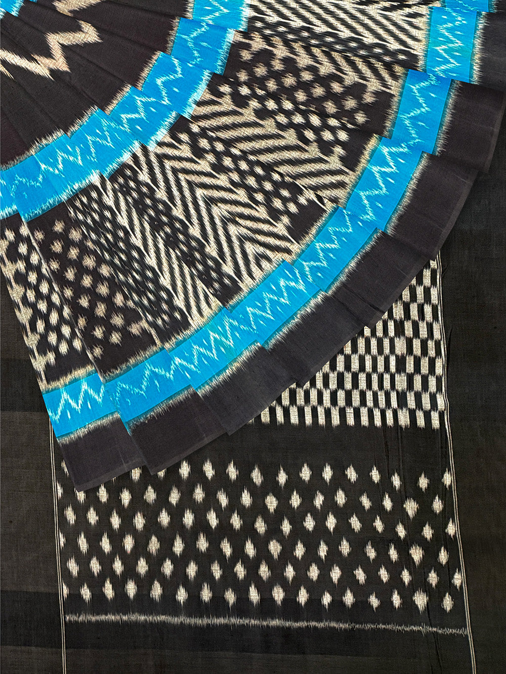 Grey, Black and Turquoise Blue Pochampally Mercerised Cotton Handloom Saree in Ikkat Pattern