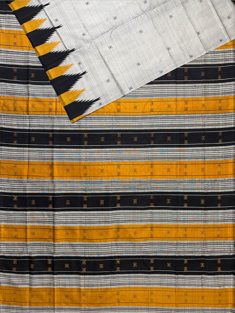 Grey, Black and Yellow Double Pallu Handloom Berhampuri Pure Silk Patta Saree