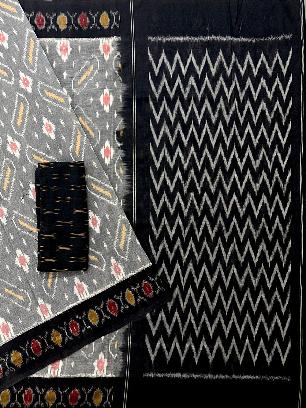 Grey and Black Pochampally Mercerised Cotton Handloom Saree in Ikkat Pattern