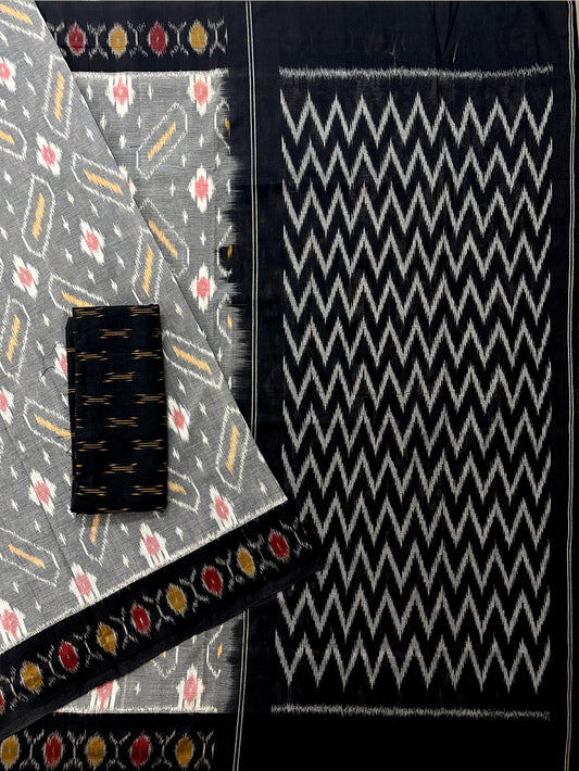 Grey and Black Pochampally Mercerised Cotton Handloom Saree in Ikkat Pattern