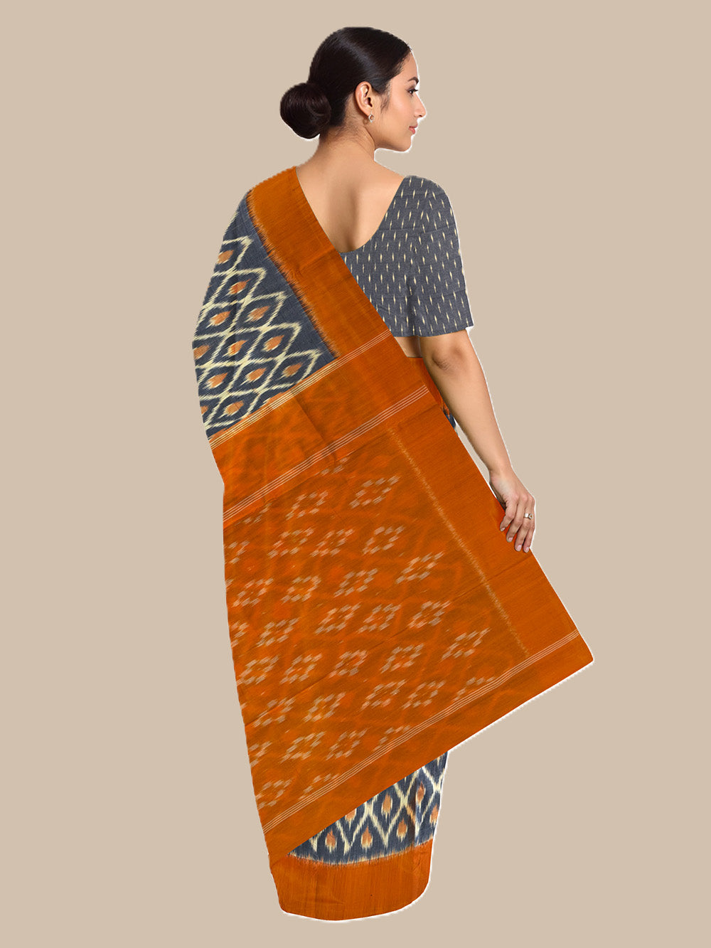 Grey and Mustard Yellow Pochampally Mercerised Cotton Handloom Saree in Ikkat Pattern