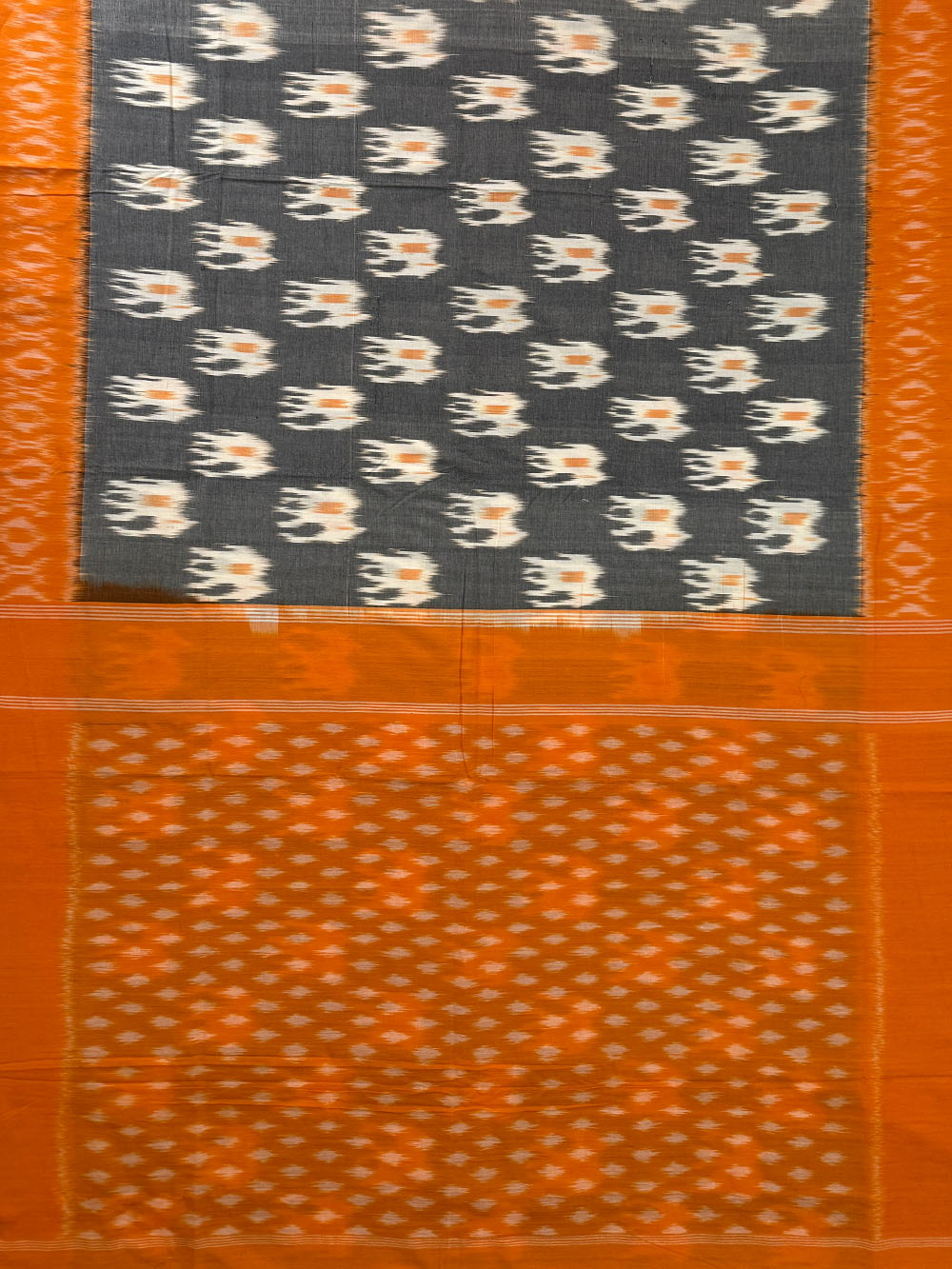 Grey and Orange Pochampally Mercerised Cotton Handloom Saree with Elephant Motifs