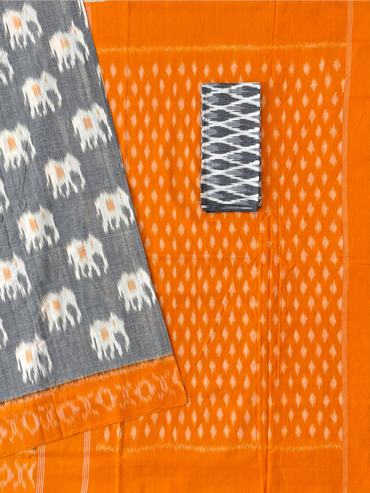 Grey and Orange Pochampally Mercerised Cotton Handloom Saree with Elephant Motifs