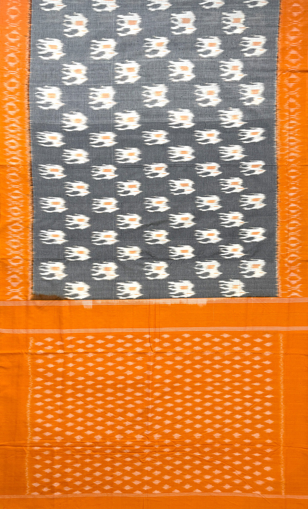 Grey and Orange Pochampally Mercerised Cotton Handloom Saree with Elephant Motifs