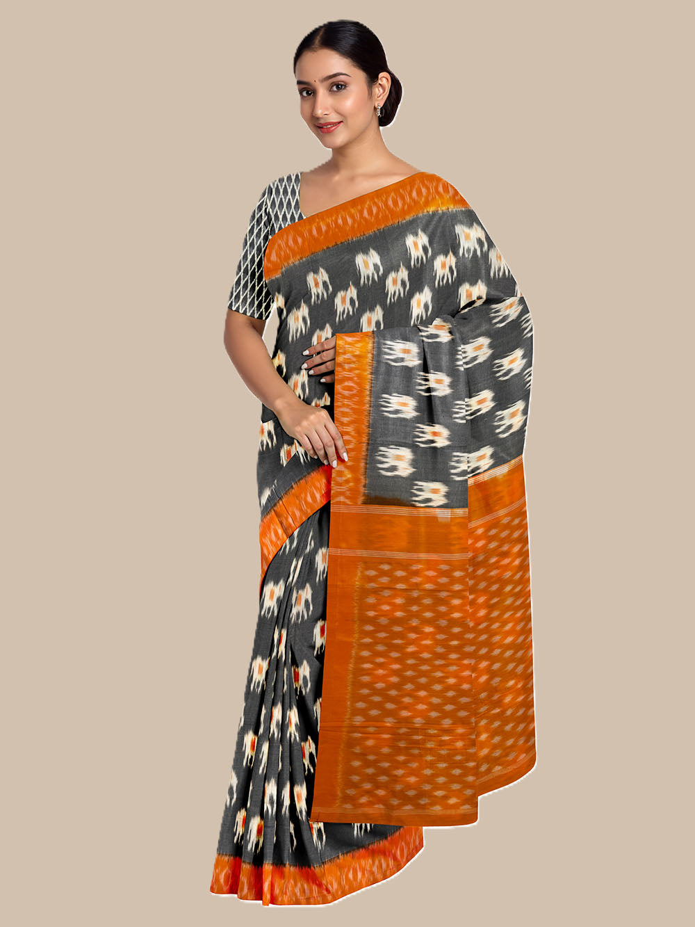 Grey and Orange Pochampally Mercerised Cotton Handloom Saree with Elephant Motifs