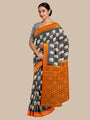 Grey and Orange Pochampally Mercerised Cotton Handloom Saree with Elephant Motifs