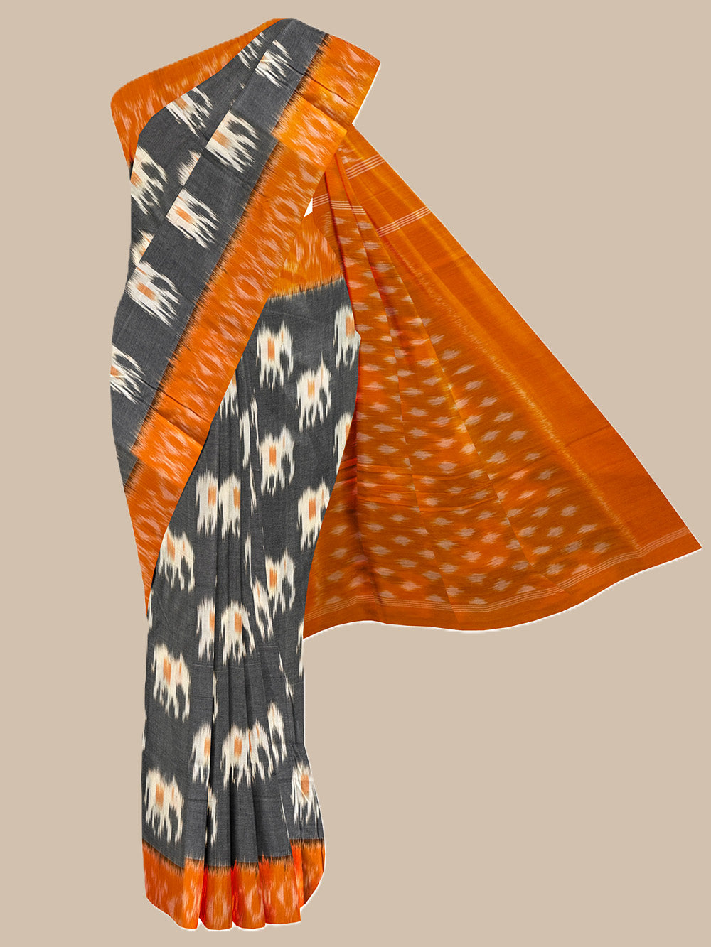 Grey and Orange Pochampally Mercerised Cotton Handloom Saree with Elephant Motifs