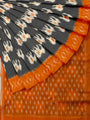 Grey and Orange Pochampally Mercerised Cotton Handloom Saree with Elephant Motifs