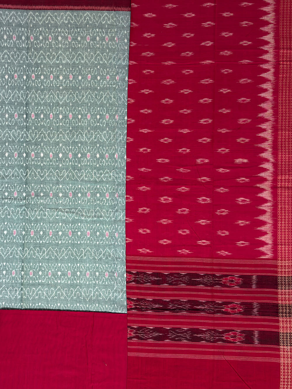 Greyish Green and Red Sambalpuri Handloom Cotton Dress Material