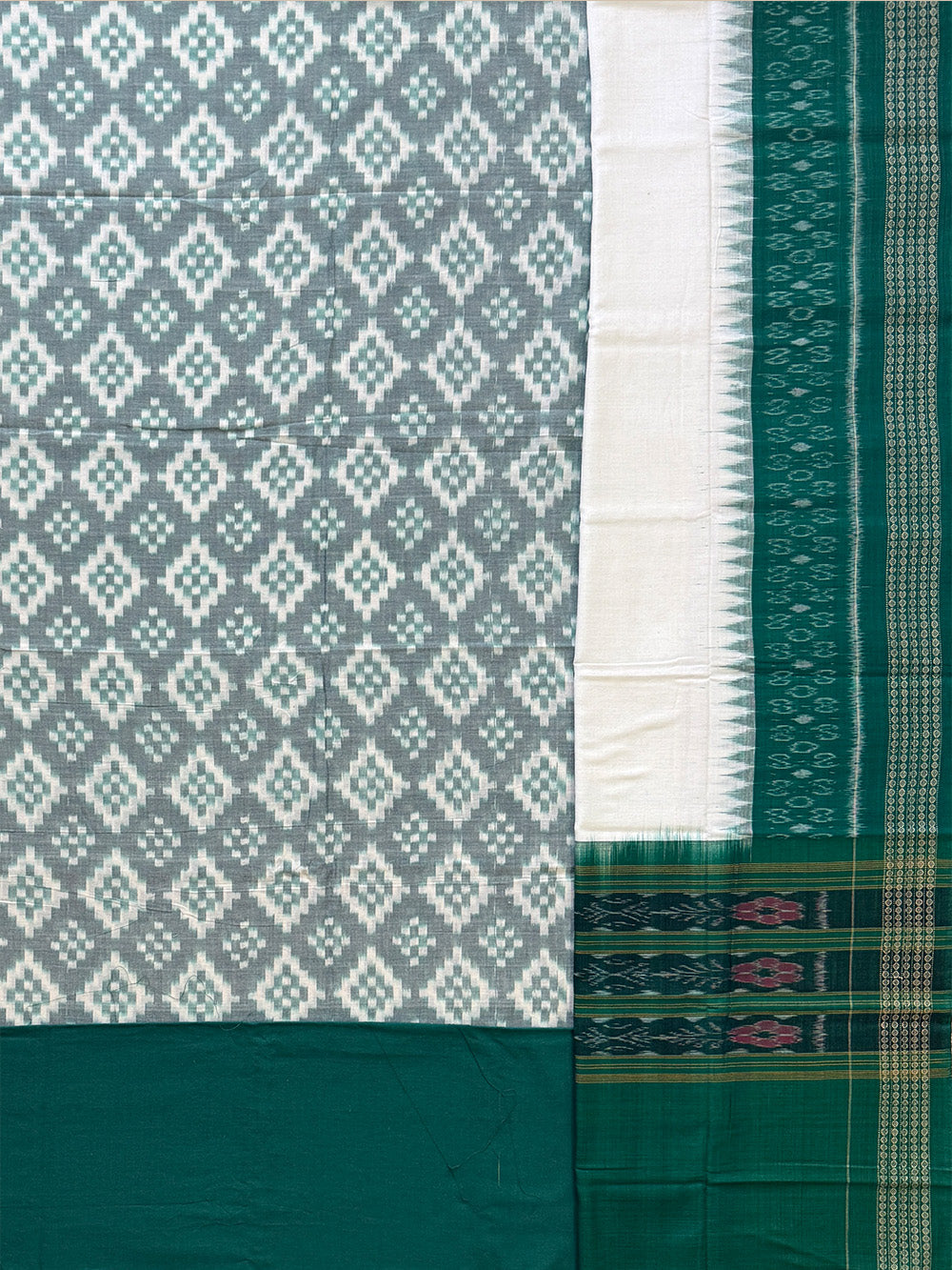 Greyish Green and White Sambalpuri Handloom Cotton Dress Material With Pasapalli Pattern
