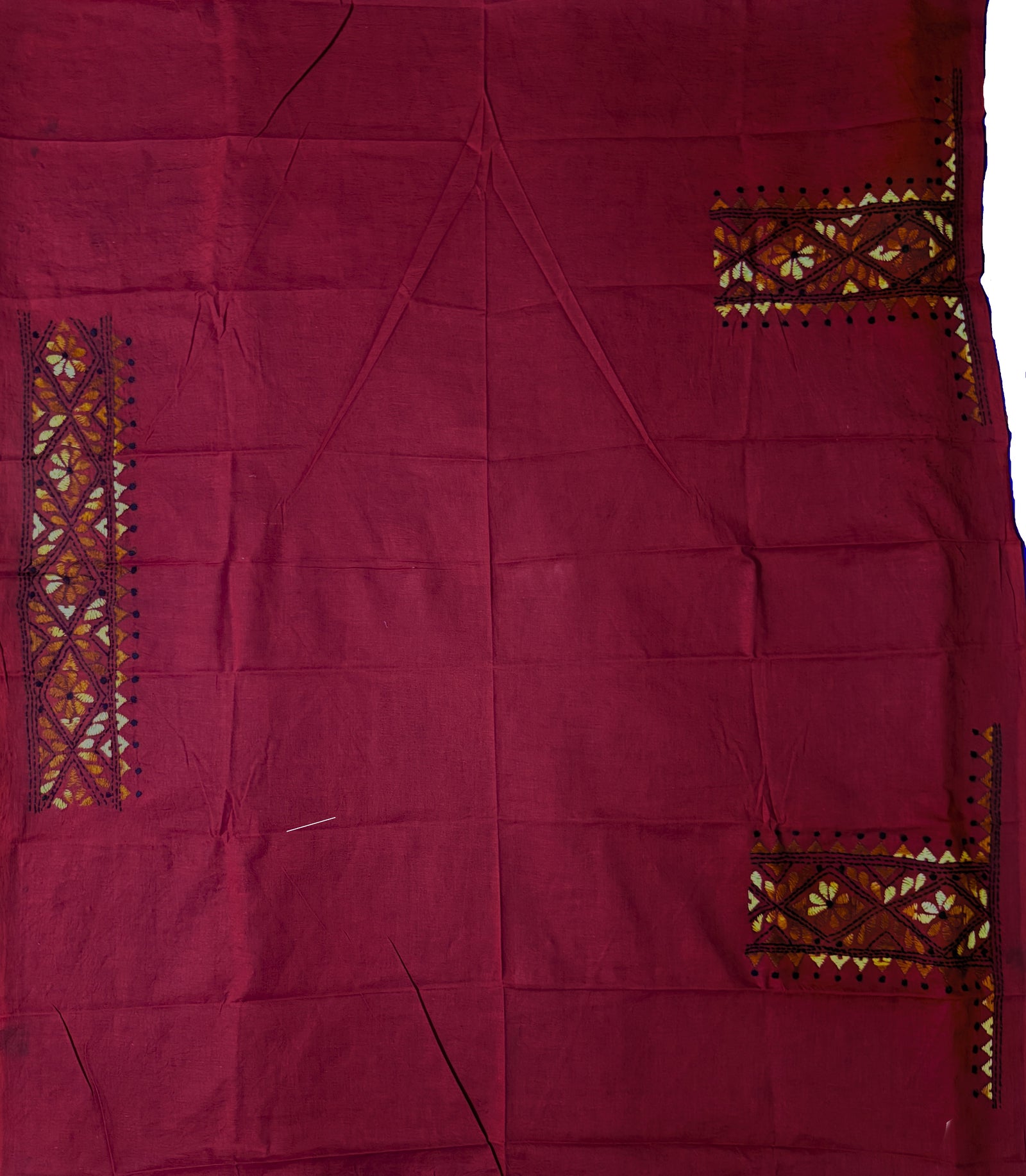 Maroon Cotton Handloom Saree with Yellow Contrast Kantha Stitch Blouse