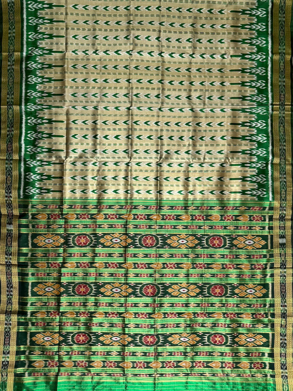 Beige and Green Handloom Khandua Patta Saree