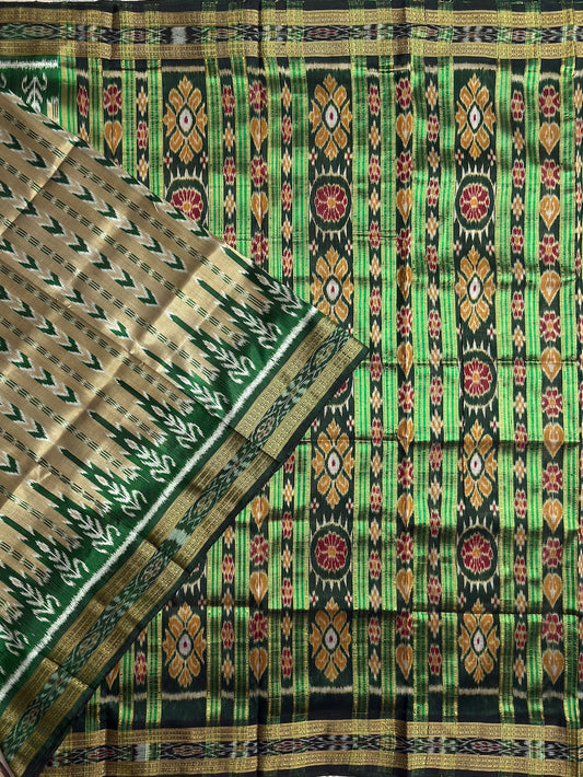 Beige and Green Handloom Khandua Patta Saree