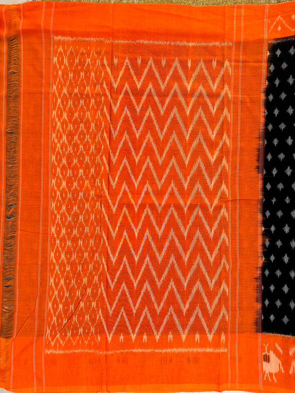 Black and Orange Pochampally Mercerised Cotton Handloom Saree in Ikkat Pattern