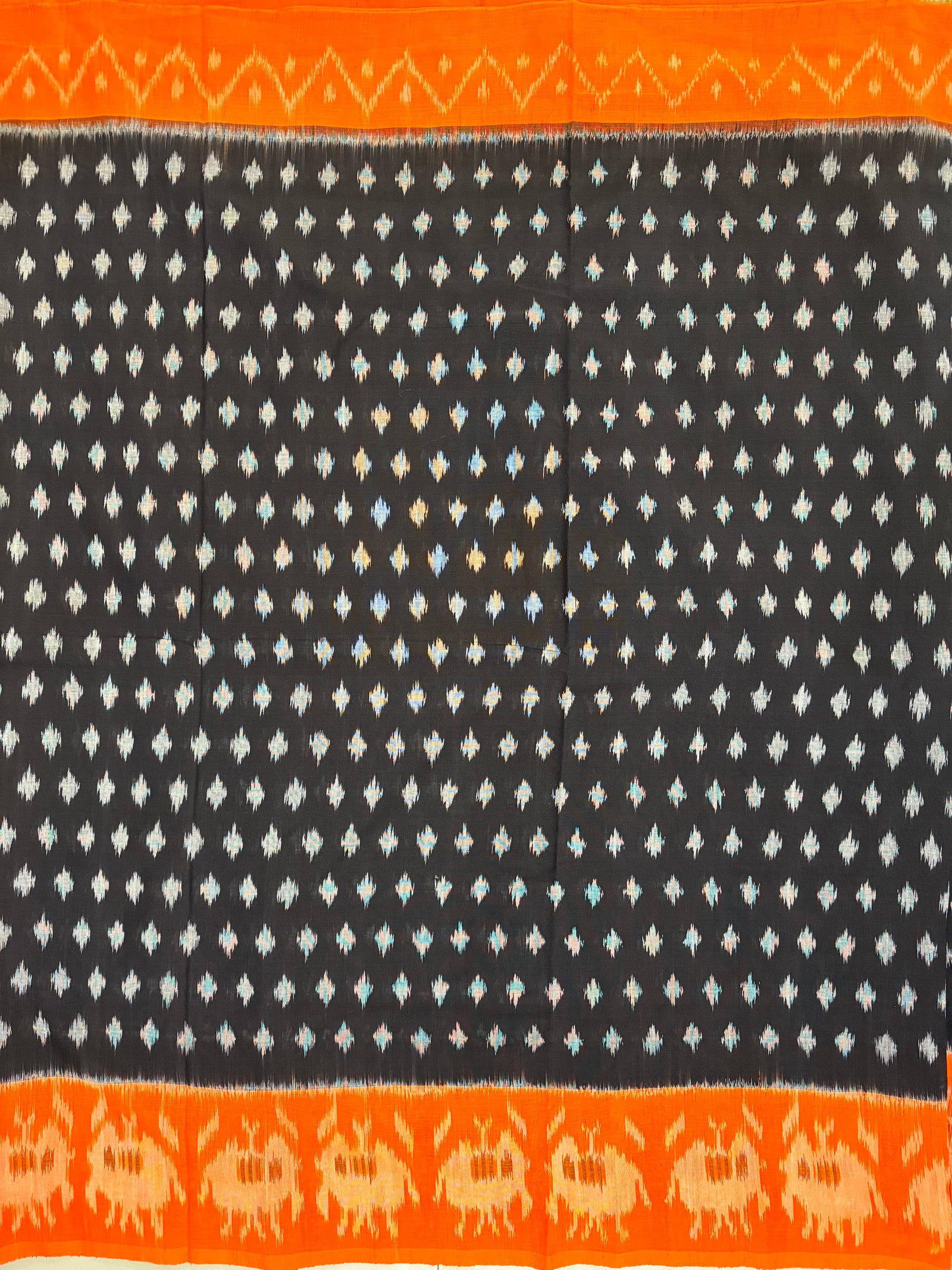 Black and Orange Pochampally Mercerised Cotton Handloom Saree in Ikkat Pattern