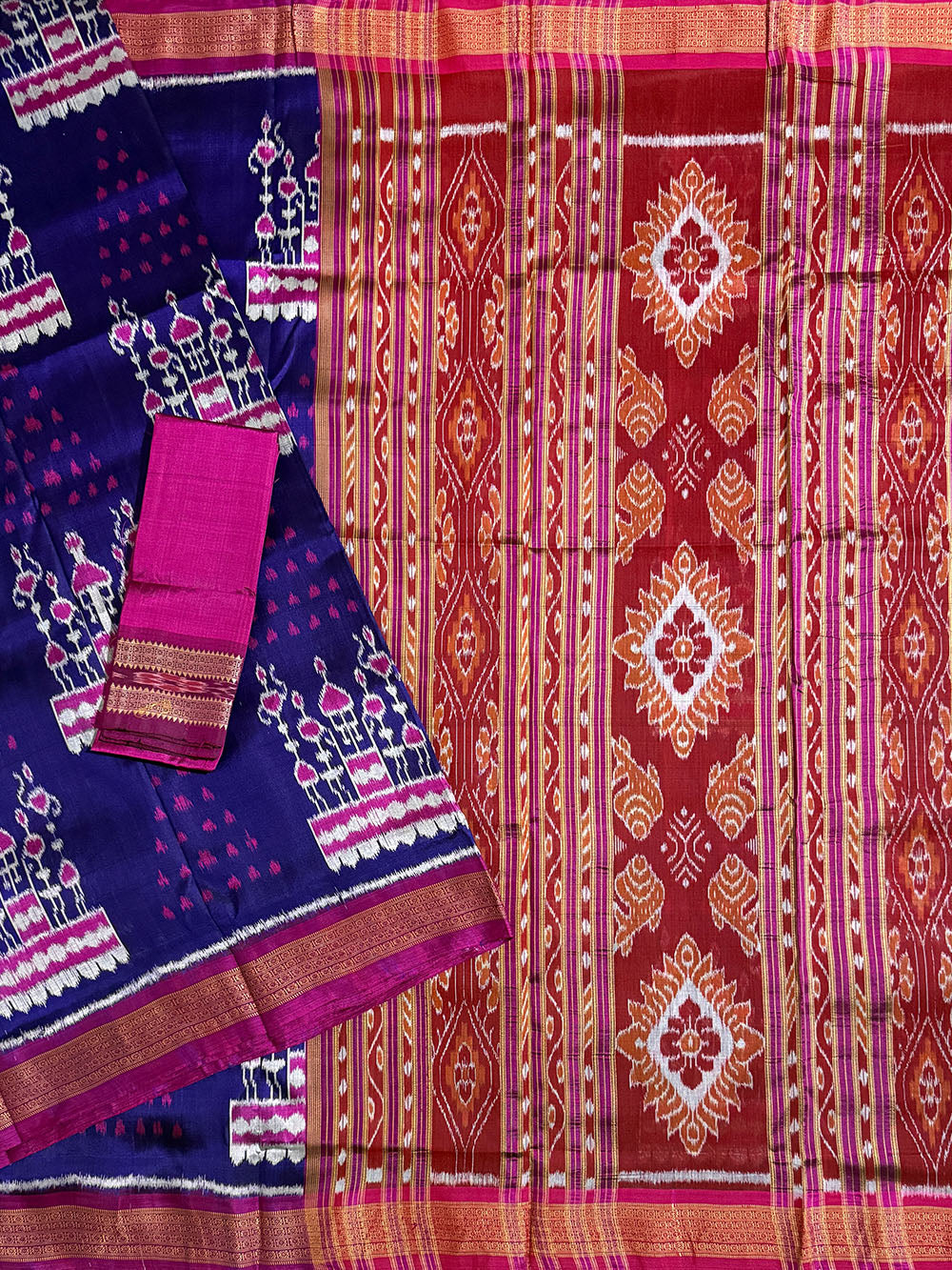 Indigo Blue and Magenta Pure Silk Handloom Khandua Patta Saree