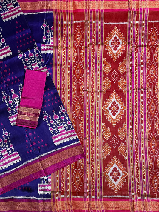 Indigo Blue and Magenta Pure Silk Handloom Khandua Patta Saree