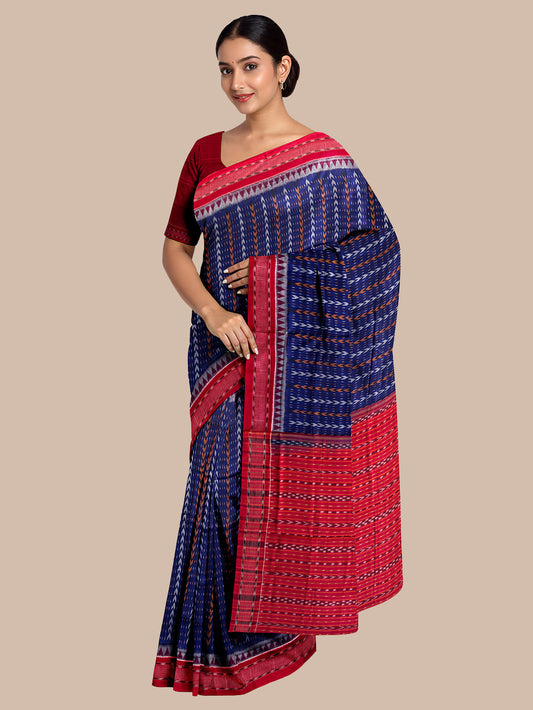 Indigo Blue and Red Handloom Cotton Sambalpuri Saree