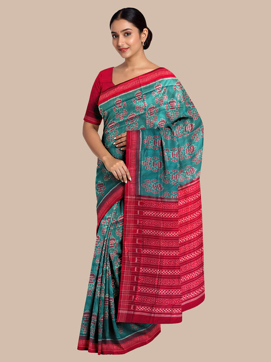 Jungle Green and Red Handloom Cotton Sambalpuri Saree