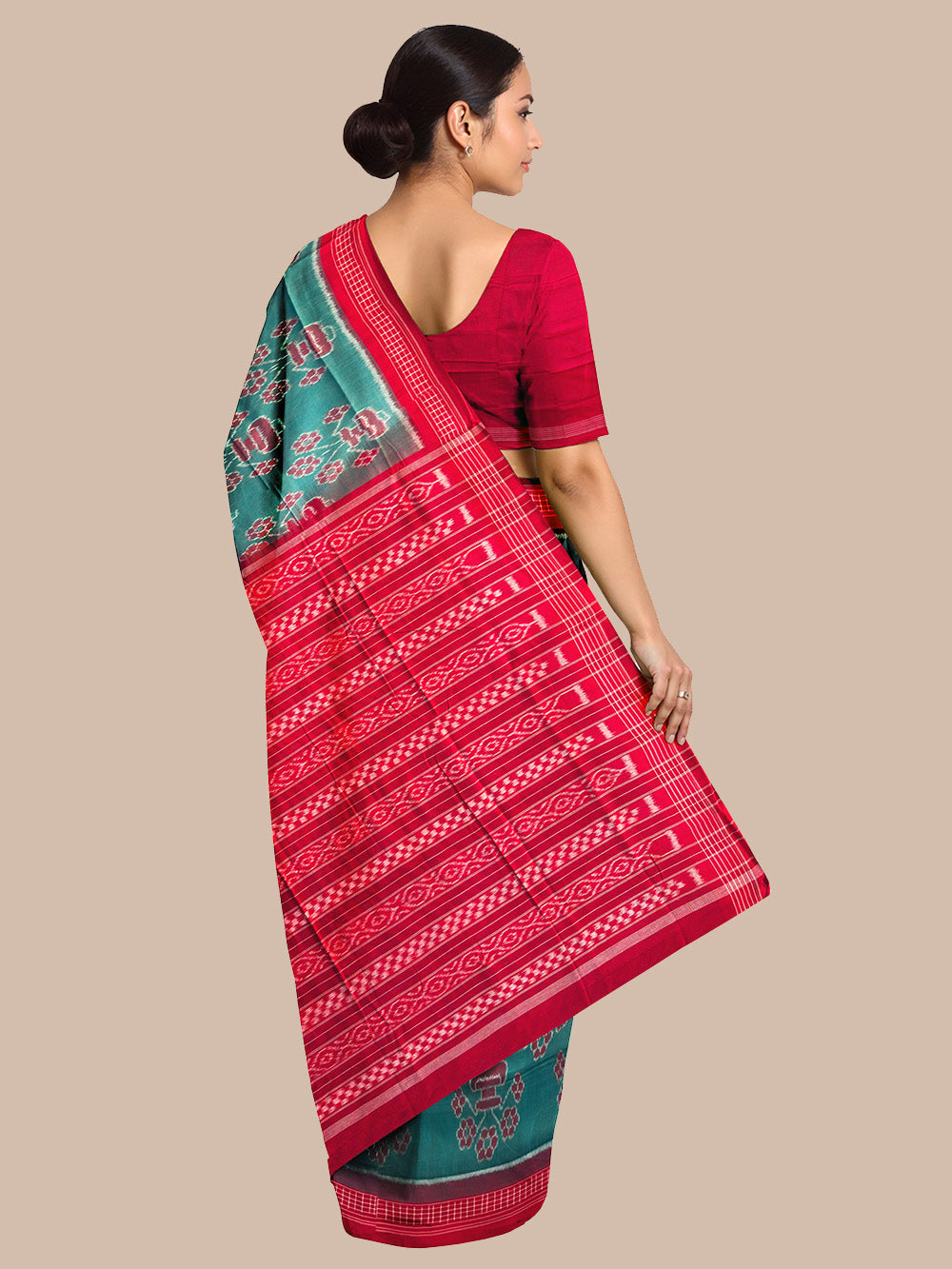 Jungle Green and Red Handloom Cotton Sambalpuri Saree