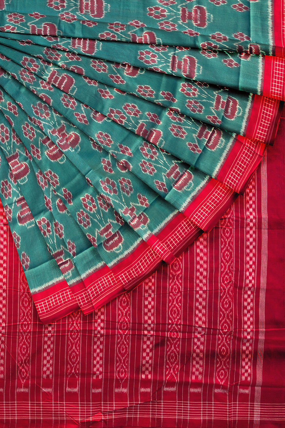 Jungle Green and Red Handloom Cotton Sambalpuri Saree