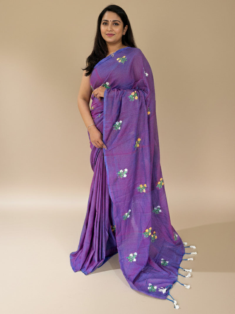 Lavender Cotton Handloom Saree with Red Contrast Kantha Stitch Blouse