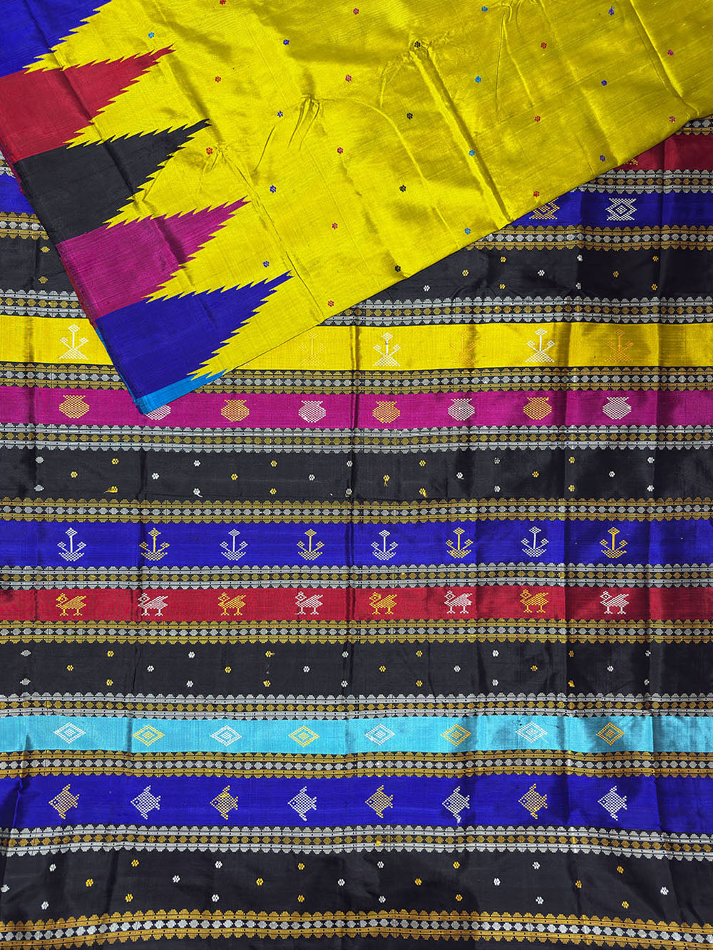 Lemon Yellow Double Pallu Handloom Berhampuri Pure Silk Patta Saree